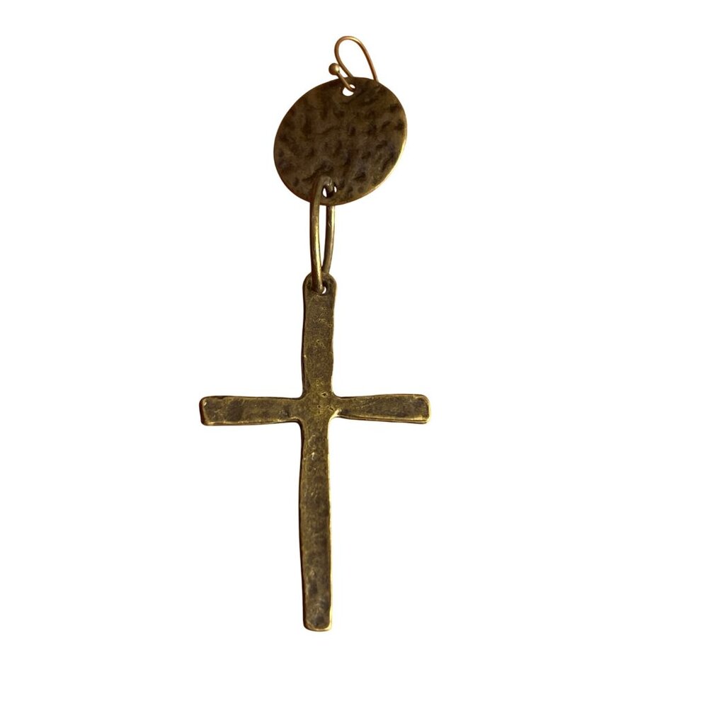 Rustic Brass Cross Pendant SINGLE Earring Hammered Hook 3.75" 7.08g